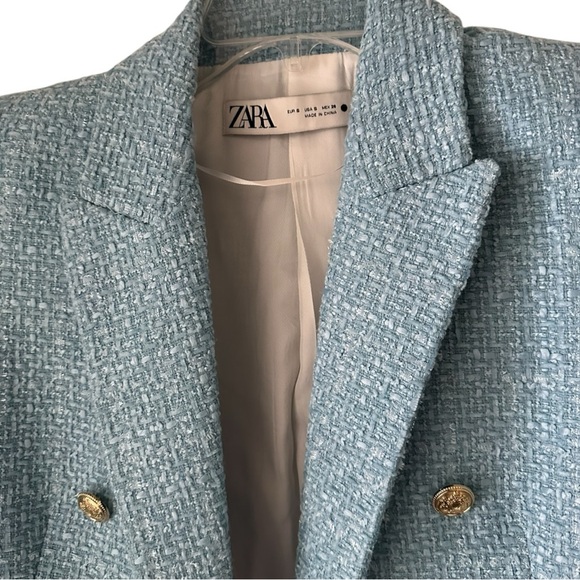 ZARA Powder Blue Tweed Blazer Button Textured Size S - Picture 5 of 9
